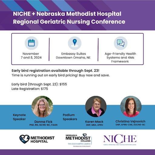 KMackDNP's tweet photo. Less than 24 hours until the NICHE+Nebraska Methodist Geriatric Regional Nursing Conference! It’s going to be wonderful with Dr. Donna Fick, Dr. Jane Potter, Dr. Kali Dayton, and Dr. Chris Vejnovich! Grateful for Methodist Hospital and College co-hosting this event with #NICHE! https://t.co/AqkmDtPUvm