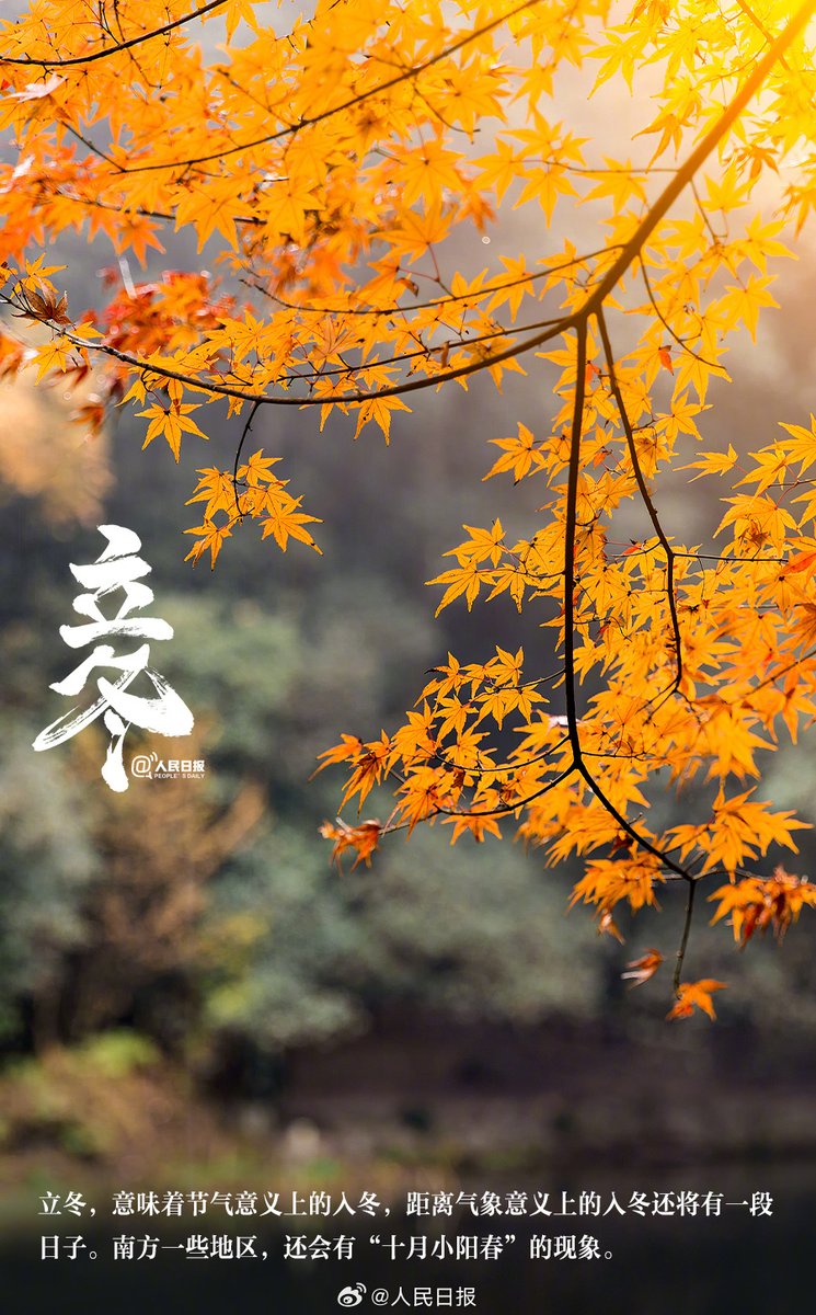PDChinese's tweet photo. 【今日立冬】①11月7日6時20分，立冬。②立冬意味着開始進入寒冷的季節，要注意添衣保暖。③立冬時節，民間有補冬的習俗。④從立冬開始，萬物進入休養、收藏狀態，為來年春天的勃發蓄能積勢。冬天來了，這個冬天，願你遇見新的美好！ https://t.co/GAiUiEOQ8a