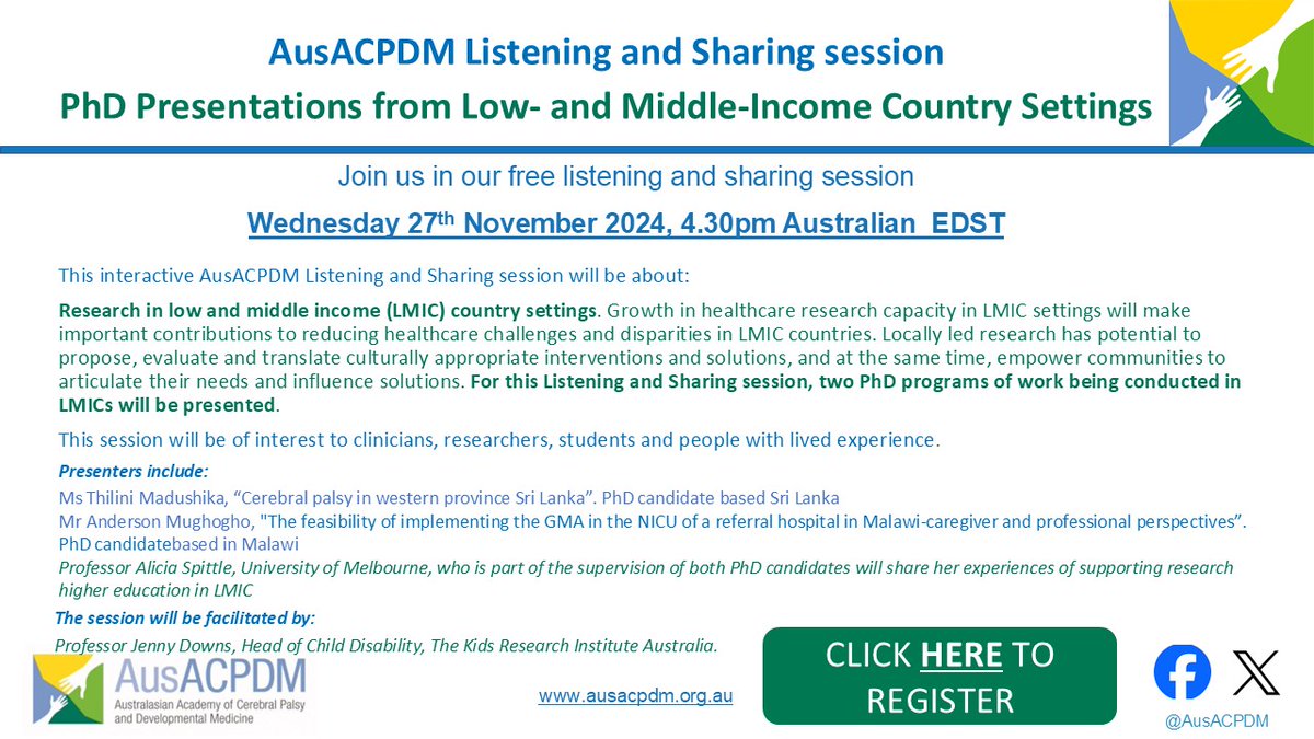 Register to join in our next FREE AusACPDM Listening and Sharing session - focused on PhD Research in low and middle income settings.

📅Wed 27th November, 4.30pm AEDST

us02web.zoom.us/meeting/regist…
