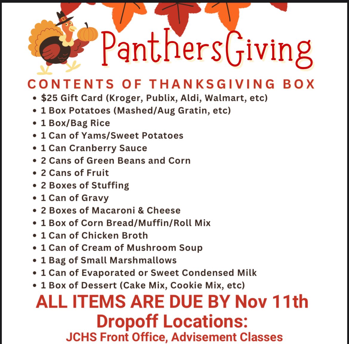 It’s time for our annual Panthersgiving Food Drive! We’re thrilled to partner with our district to help make a difference in our community this holiday season. Let’s come together and show our Panther pride by collecting these items for our community! #PROUDtobeJC