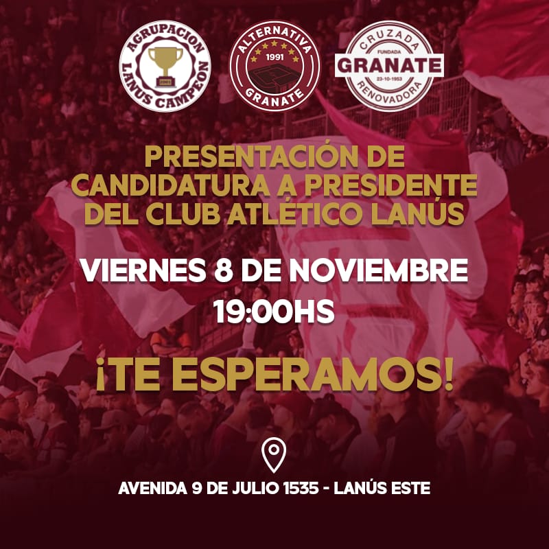 Cruzada Renovadora Granate (@cruzadagranate) on Twitter photo 🇱🇻| ¡ES OFICIAL!
Desde las agrupaciones <a href="/Alternatgranate/">Agrupación Alternativa Granate</a> <a href="/CruzadaGranate/">Cruzada Renovadora Granate</a> y @agrupacionlanus invitamos a todos los socios, socias e hinchas a participar de la presentación de la candidatura a Presidente.
¡Los esperamos! ♥️⭐️ 🇱🇻| ¡ES OFICIAL!
Desde las agrupaciones <a href="/Alternatgranate/">Agrupación Alternativa Granate</a> <a href="/CruzadaGranate/">Cruzada Renovadora Granate</a> y @agrupacionlanus invitamos a todos los socios, socias e hinchas a participar de la presentación de la candidatura a Presidente.
¡Los esperamos! ♥️⭐️