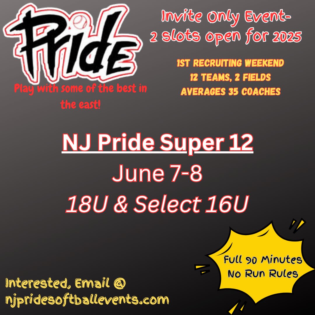 NJ Pride Softball (@njpridegold) on Twitter photo 2 slots open for the invite event Super 12 - 90 min games no run rules. Average 35 coaches - 2 fields - value - start summer off strong. <a href="/ExtraInningSB/">EXTRA INNING SOFTBALL</a> <a href="/FastPitchOnline/">FastPitchOnline 2025</a> 2 slots open for the invite event Super 12 - 90 min games no run rules. Average 35 coaches - 2 fields - value - start summer off strong. <a href="/ExtraInningSB/">EXTRA INNING SOFTBALL</a> <a href="/FastPitchOnline/">FastPitchOnline 2025</a>