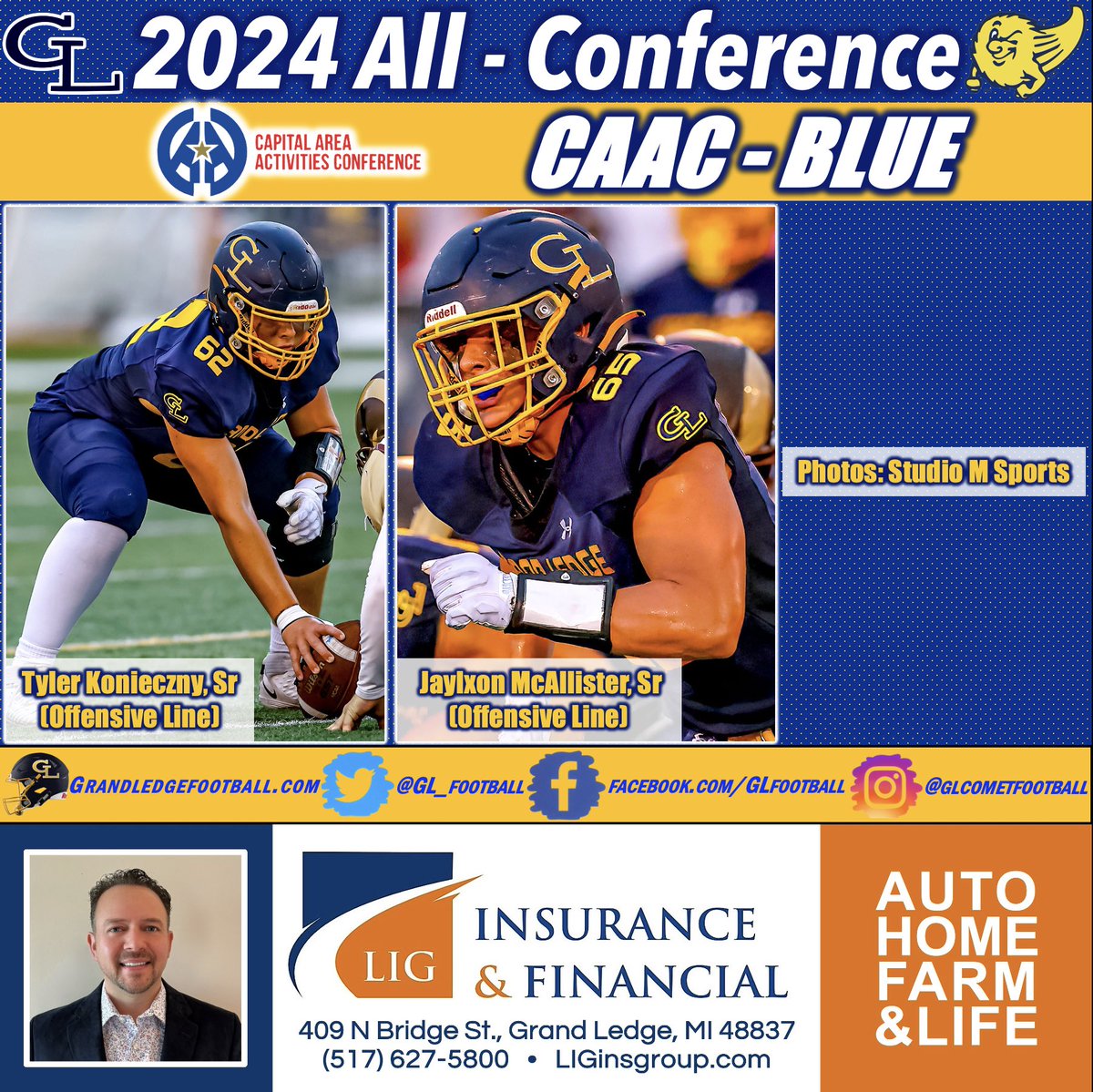 Congrats to our 7 players named All-Conference by the CAAC Blue coaches. 

First Team:
Preston Bohnet (WR), Tyler Konieczny (OL), Logan Cadwell (DL), Anthony Baker (RB), and Ashton Delaney (LB). 

Honorable Mention:
Jaylxon McAllister (OL) and Caleb Aldrich (K).