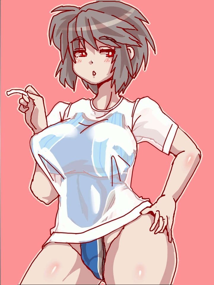 「ん?競泳水着の上にTシャツ着て水をかけてから▼の部分をよく見せろって?ケッタイなやつだな…」 