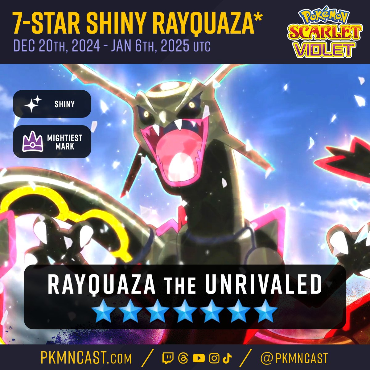 Shiny Rayquaza is coming to Raids this December. This was confirmed in a Japanese leaflet that showed off a Mythical Pokémon event later this year. 

*We don't know yet if it'll be 7-Star/Mighty and we don't know Tera at this time, but we do know dates and it will be Shiny.