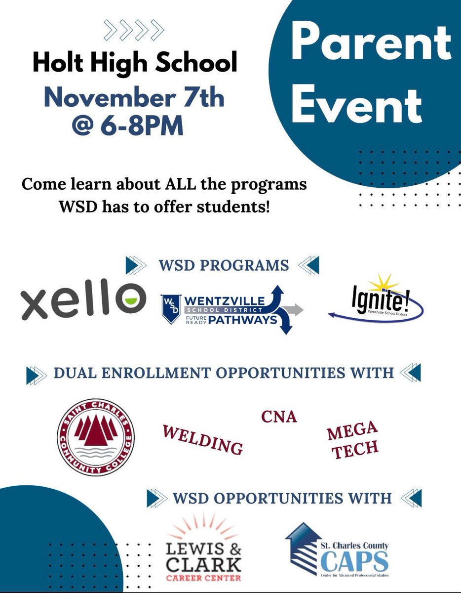 ‼️Parents Grades 9-11‼️

Swing by Holt 11/7 for our Program Night! This is a chance for parents to see some of the programs that are offered through WSD! 

6-7 pm: Presentation @ C.H. Jones Auditorium

7-8 pm: Meet and Greet: Auditorium Lobby

Would love to see you there!