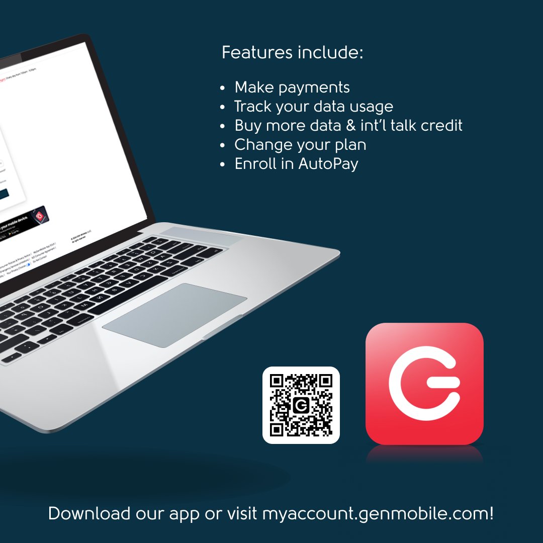 Easily manage your Gen Mobile experience with just a few taps or clicks! 📲✨ Whether you need to manage your plan, add data, or track usage, the MyGenMobile app and MyAccount Portal make it simple to stay connected. Visit myaccount.genmobile.com or download the app today!