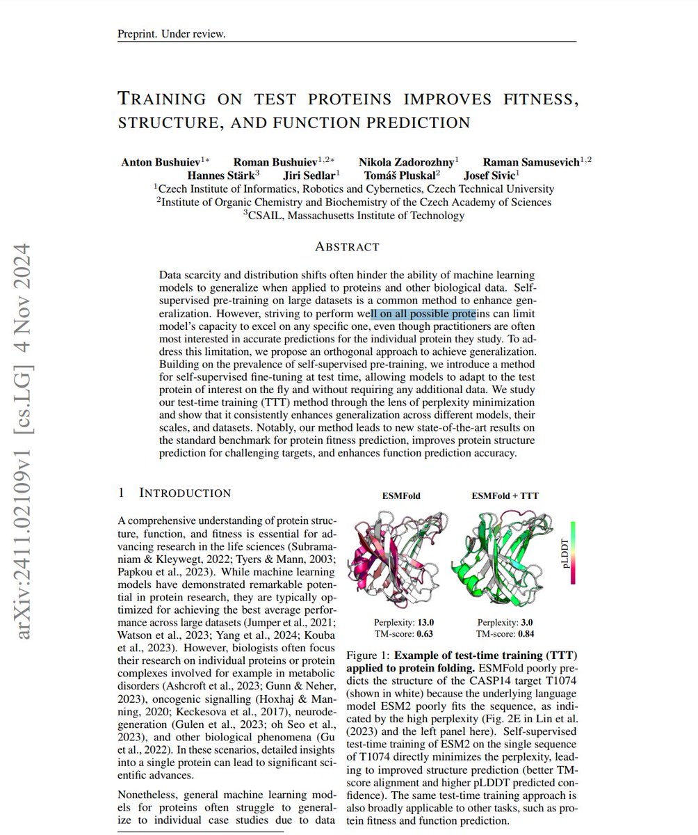 New idea: (1)  ML approaches try to fit all proteins, limiting accuracy on specific ones. 🔍

(2)Test-time training adapts models to target proteins on the fly ! 🧬

TRAINING ON TEST PROTEINS IMPROVES FITNESS, STRUCTURE, AND FUNCTION PREDICTION
arxiv.org/pdf/2411.02109