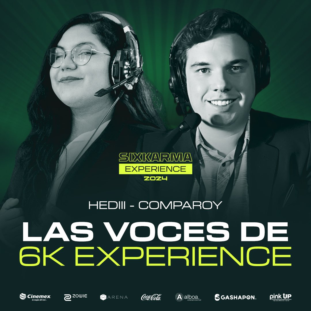 Six Karma | Ola 🌊💚 (@sixkarmaesports) on Twitter photo Estas serán las voces que traerán toda la emoción a los torneos del #SixKarmaExperience 🤩
Bienvenidos <a href="/heidi_caster/">🎙️Heidiii | IFZ ✨</a> y <a href="/Compa_Roy/">El Ñero 🔜 S Factor</a> 🥳
Los esperamos desde mañana para disfrutar todos juntos, la entrada es gratuita Estas serán las voces que traerán toda la emoción a los torneos del #SixKarmaExperience 🤩
Bienvenidos <a href="/heidi_caster/">🎙️Heidiii | IFZ ✨</a> y <a href="/Compa_Roy/">El Ñero 🔜 S Factor</a> 🥳
Los esperamos desde mañana para disfrutar todos juntos, la entrada es gratuita