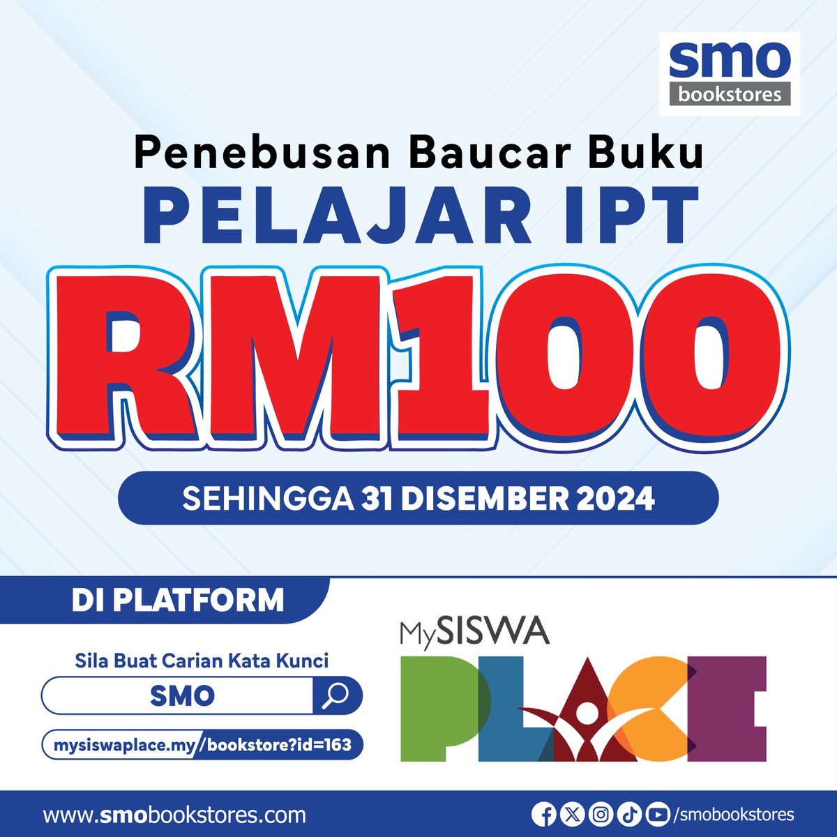 𝗕𝗮𝘂𝗰𝗮𝗿 𝗕𝘂𝗸𝘂 𝗥𝗠𝟭𝟬𝟬 dah boleh tebus! Pelbagai pilihan buku yang boleh ditebus di MySiswaPlace SMO  bermula 𝟯𝟬 𝗢𝗸𝘁𝗼𝗯𝗲𝗿 sehingga 𝟯𝟭 𝗗𝗶𝘀𝗲𝗺𝗯𝗲𝗿 𝟮𝟬𝟮𝟰📚 

🌐#MySiswaPlace SMO: shorturl.at/r2q4U 

#smobookstores #baucarmadani #baucarbukuipt