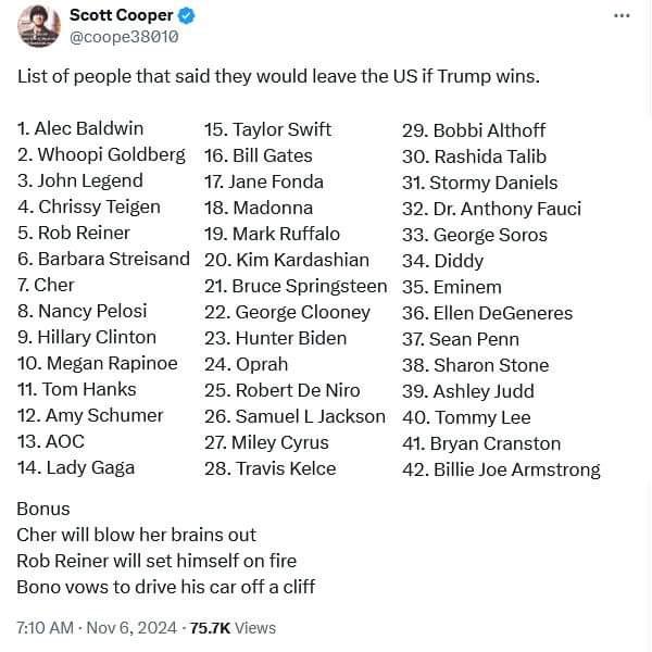 Hay que ir al perfil de todos esos comunistas de M y cobrarles a que cumplan su palabra de que “me voy de USA si gana Trump”  Y pedirles que SE LARGUEN A VIVIR A CUBA.