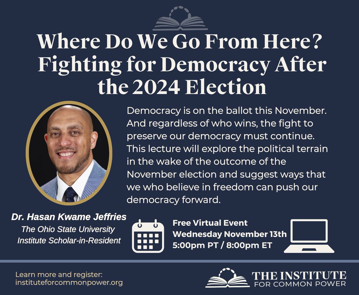 REGISTER! Dr. Hasan Kwame Jeffries is here to help you make sense of the election. Please join him for a free lecture next week: "Where Do We Go From Here? Fighting for Democracy After the 2024 Election."

Register here:  eventbrite.com/e/where-do-we-…
#Election2024 #Vote