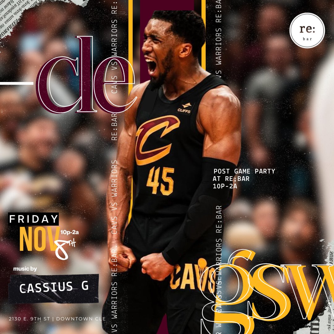 CAVS VS WARRIORS AFTER PARTY @ RE:BAR!
Fri Nov 08 2024 starting at 10:00 PM!
 Cassius G on the turntables! 
No Cover, just vibes!
Come hang out, grab a drink, and relive all the action from the game.
KITCHEN open late! Free street parking after midnight!
eventbrite.com/e/cavs-vs-warr…