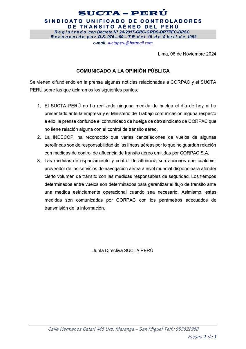 SuctaP's tweet photo. Aclaramos:
1️⃣ No hay huelga de #controladoresaereos del Sucta Perú 
2️⃣ La indecopi reconoce que algunas cancelaciones de vuelo son de responsabilidad de algunas líneas aéreas y no se relacionan con las medidas de afluencia.
3️⃣Las medidas de afluencia son por seguridad
#safetyfirst