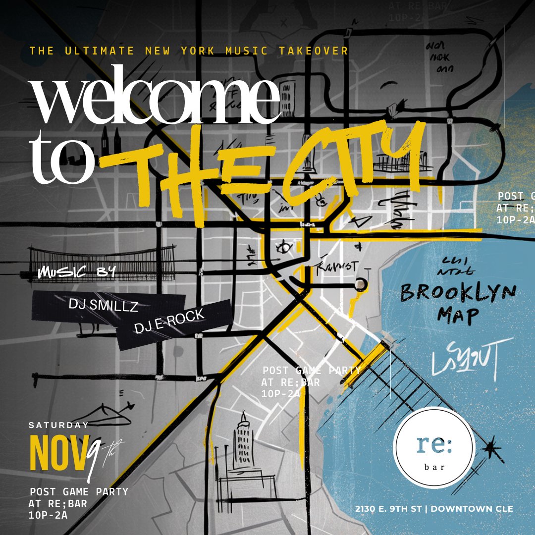 Welcome to the City: A NYC Music Takeover 
Sat Nov 09 2024
Music provided by DJ Smillz &amp; DJ E-Rock 
Don't miss out on this epic music takeover - no door cover, just vibes! Kitchen open late! Free street parking after midnight. RSVP! eventbrite.com/e/cavs-vs-warr…