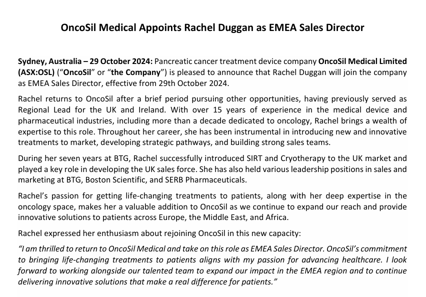 Henryythomass's tweet photo. $OSL

Rachel Duggan returns to OncoSil as EMEA Sales Director, bringing 15+ years of expertise in medical devices and oncology 🤌 https://t.co/NilD0j4SMl