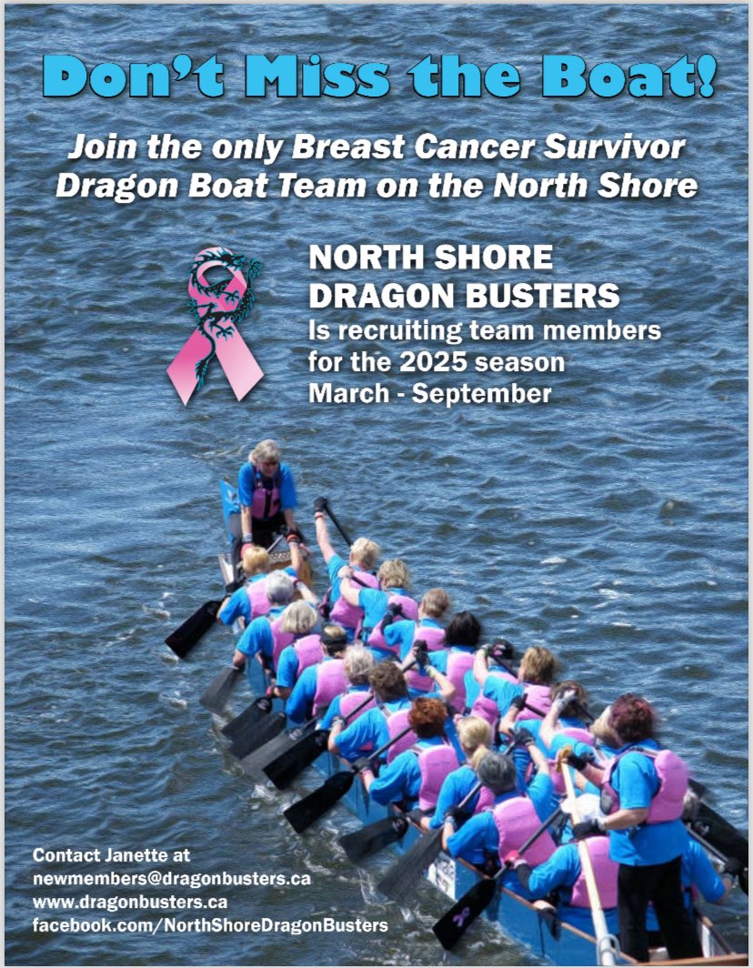 My dragonboat team is looking for new members for the 2025 season. If you are a breast cancer survivor and want to give it a try contact newmembers@dragonbusters.ca
<a href="/north_van/">North Van Retweeter</a>