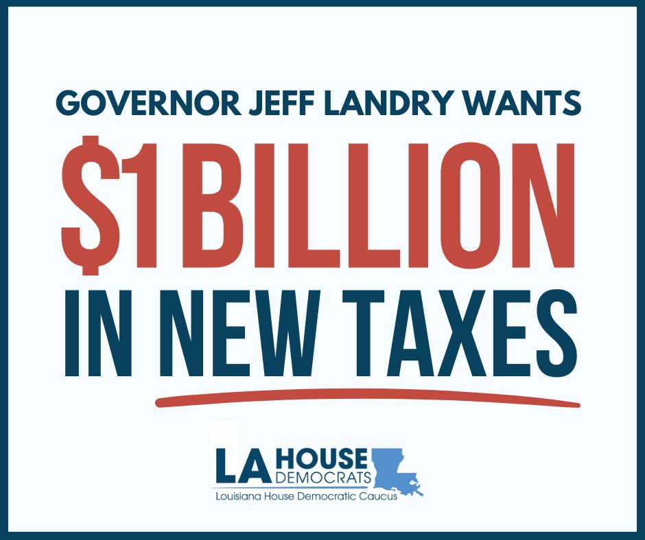 LAHouseDems's tweet photo. While inflation is hammering Louisiana families with high gas and grocery prices, Gov. Jeff Landry wants to pile on $1 BILLION IN NEW TAXES that will bury working people and a $0.45 service tax that will crush small businesses.

Louisiana cannot afford new taxes! #LaGov #LaLege https://t.co/Yt8d5iSgrq