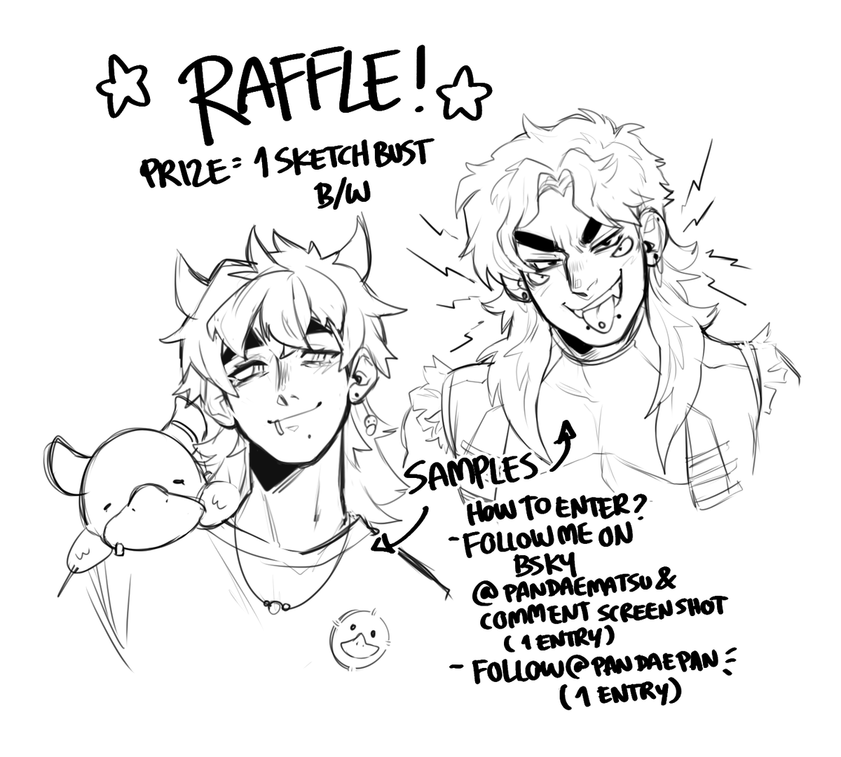 pandaematsu's tweet image. HEY GUYS! I've finally cleared enough of my queue so I can do this, idk if you remember, but I promised a raffle for a couple sketch busts.

Prizes will be two of these, one per winner, two winners.
Requirements in image!
You can entry twice but only win once!