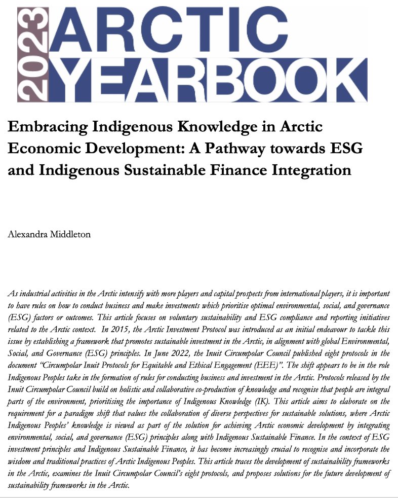 Arctic Yearbook (@arcticyearbook) on Twitter photo đź’ˇHighlightingđź’ˇ: Embracing Indigenous Knowledge in Arctic Economic Development: A Pathway towards ESG and Indigenous Sustainable Finance Integration by Alexandra Middleton <a href="/arcticsense/">Alexandra Middleton</a>
Available open access at:arcticyearbook.com/images/yearboo… 💡Highlighting💡: Embracing Indigenous Knowledge in Arctic Economic Development: A Pathway towards ESG and Indigenous Sustainable Finance Integration by Alexandra Middleton <a href="/arcticsense/">Alexandra Middleton</a>
Available open access at:arcticyearbook.com/images/yearboo…