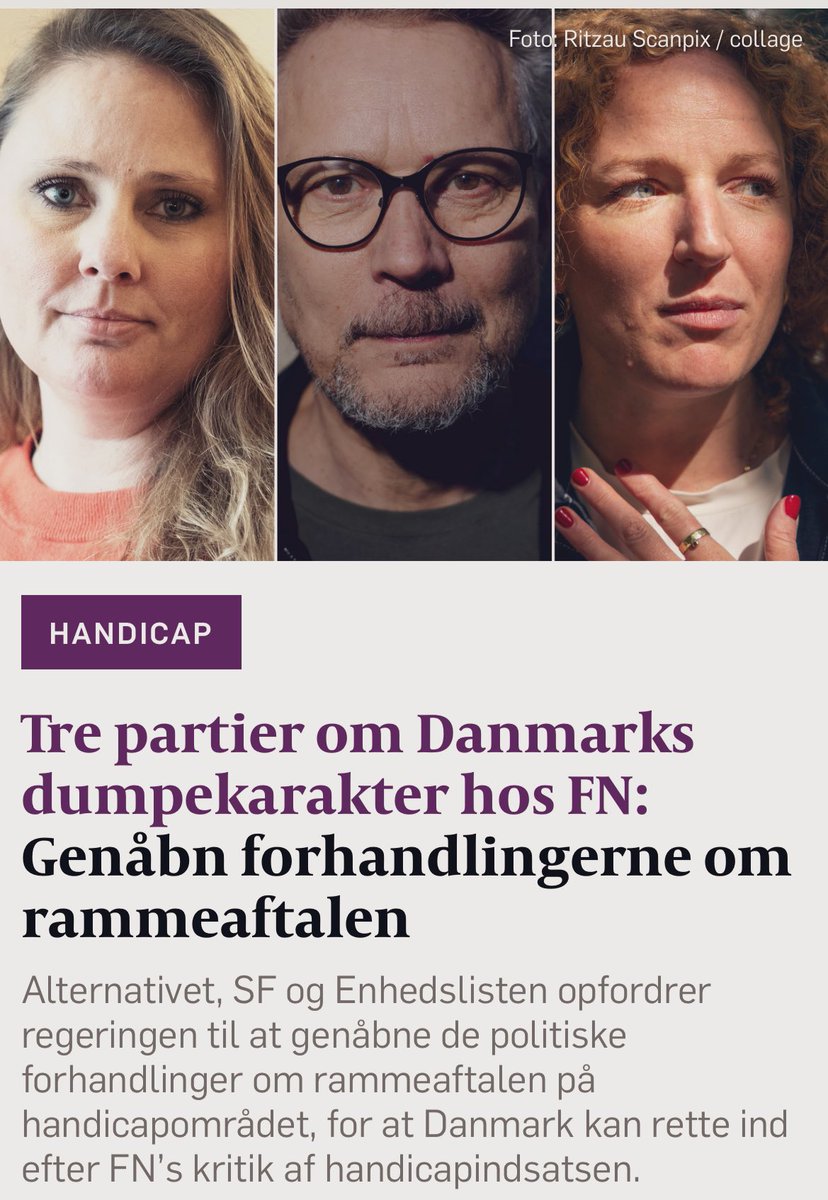 Vigtigt initiativ fra <a href="/RosaLundEl/">Rosa Lund</a> <a href="/charlottebroman/">Charlotte Mølbæk</a> og <a href="/TorstenGejl/">Torsten Gejl</a> med et klart alternativ til fantasiløs og uambitiøs handicapaftale fra regeringen. 

Godt fokus på bl.a. investering i mennesker med handicap, solidarisk finansieringsreform, tilbagerulning af nye magtregler.