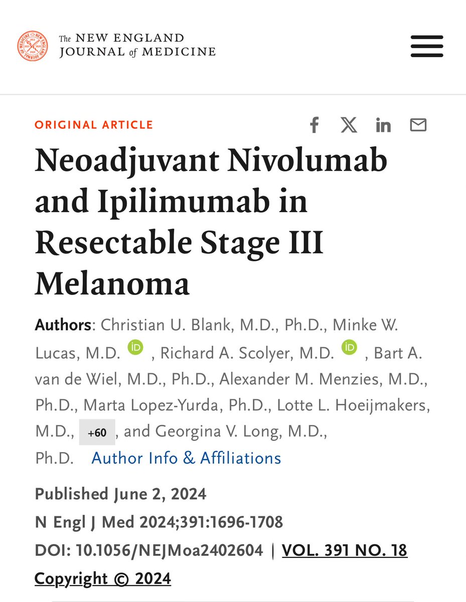 Neoadjuvant ipilimumab + nivolumab in resectable stage III melanoma shows superior 12-mo EFS (83.7%) vs adjuvant alone (57.2%)! 
🔬Major pathological response in 59%. 
Grade 3+ AEs: 29.7% vs 14.7%. #Melanoma #Immunotherapy #Oncology <a href="/OncoAlert/">OncoAlert</a> <a href="/NEJM/">NEJM</a> 
nejm.org/doi/full/10.10…
