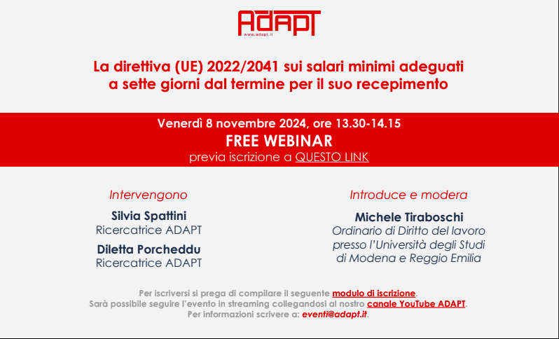 La direttiva UE sul salario minimo adeguato a una settimana dal termine per il suo recepimento. Cosa succede ora in Italia e cosa è stato fatto dagli altri Stati membri. Ne parlo domani (ore 13.30-14.15) con <a href="/SilviaSpattini/">Silvia Spattini</a> e <a href="/DPorcheddu/">Diletta Porcheddu</a> in un free webinar promosso dalla Scuola