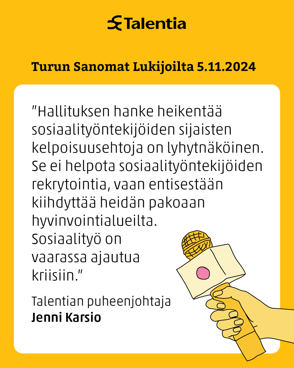 Hallituksen esitys sosiaalityöntekijöiden sijaisten kelpoisuusehtojen heikentämisestä on hylättävä, kirjoittaa Turun Sanomien Lukijoilta-palstalla Talentian puheenjohtaja Jenni Karsio.

Lue kirjoitus ➡️ ts.fi/lukijoilta/647…

#Talentia #TunnemmeTyösi