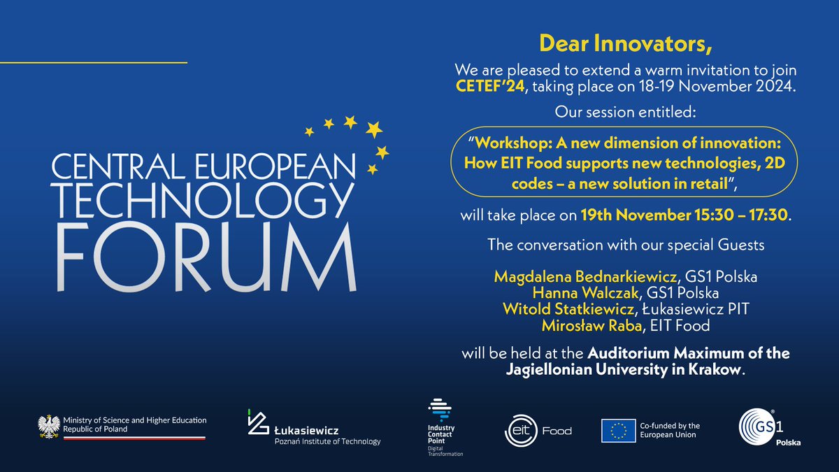 🇵🇱 <a href="/cetef24/">Central European Technology Forum - CETEF'24</a> już za niecałe dwa tygodnie. A jedną z jego części będą warsztaty <a href="/EITFood/">EIT Food</a> oraz BPK Transformacja Cyfrowa pt. "A new dimension of innovation: How EIT Food supports new technologies? 2D codes - a new solution in retail".