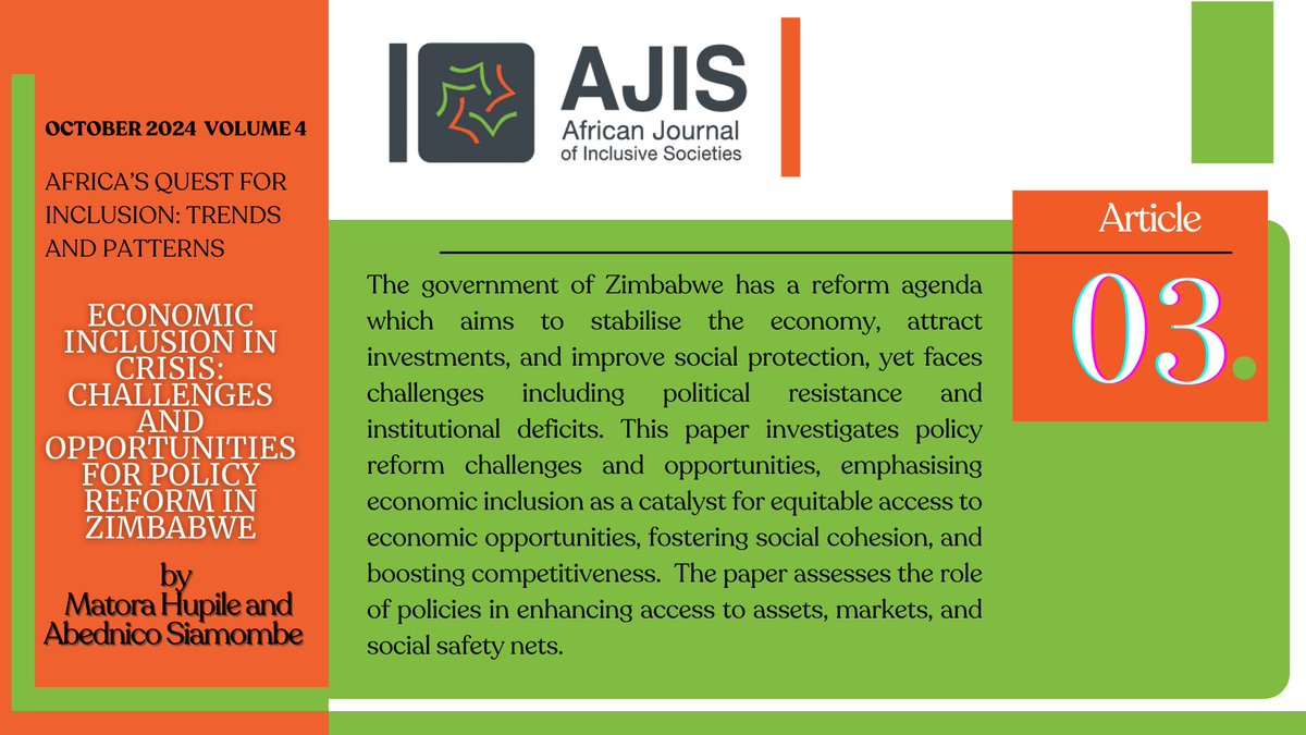 Is Zimbabwe's reform agenda the game-changer for a thriving economy? Discover how tackling political resistance &amp; institutional hurdles can pave the way for #economicinclusion &amp; boost social cohesion! 

Read more here: 🔗doi.org/10.59186/SI.4U…
#ZimbabweReform #SocialCohesion