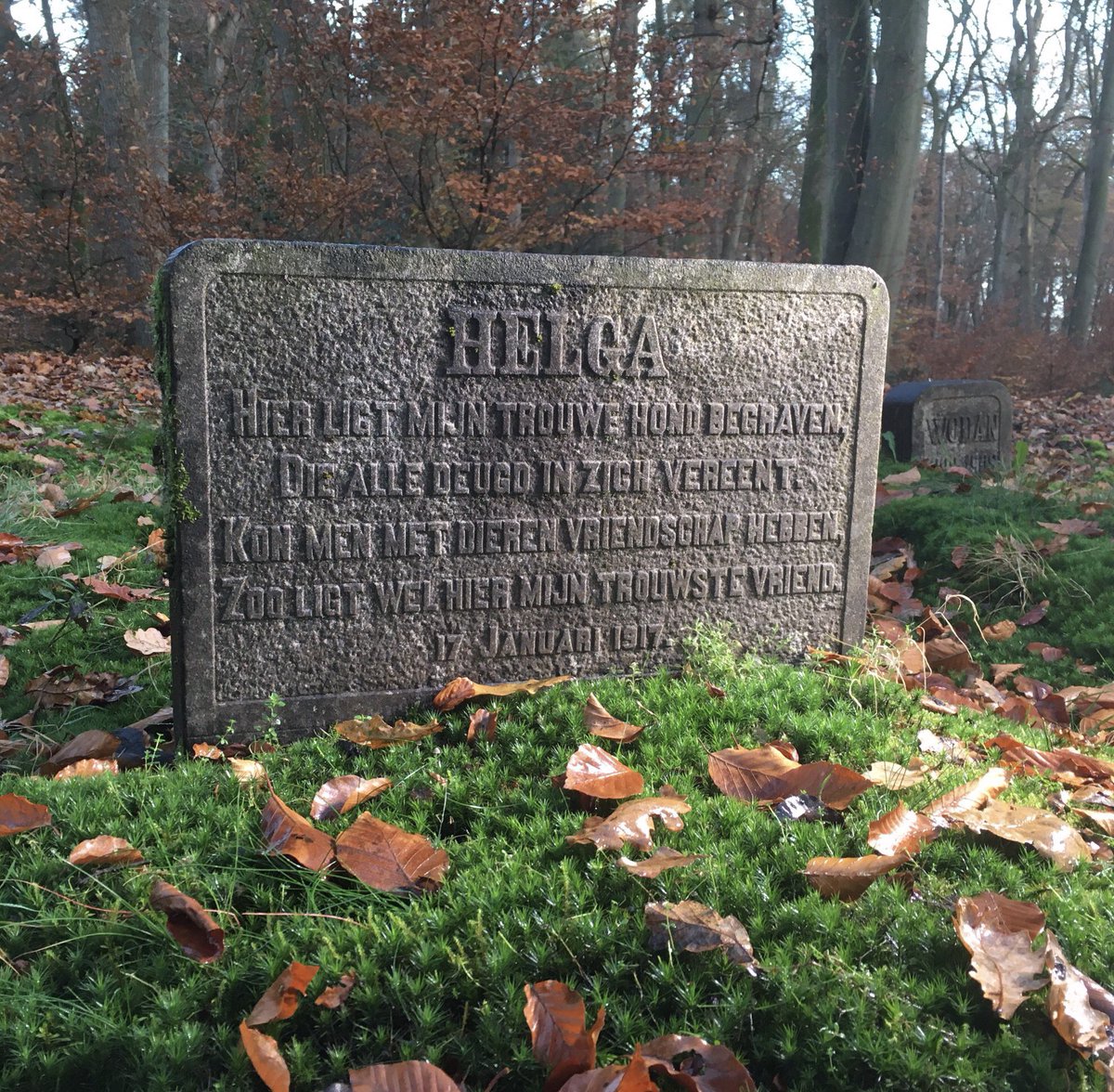 Prins Hendrik was dol op zijn hond Helga. De teckel is dan ook op meerdere foto’s en schilderijen te zien. Toen Helga in 1917 overleed, werd het dier bij Paleis Het Loo begraven en liet Hendrik op de grafsteen zetten ‘“... zoo ligt wel hier mijn trouwste vriend“...  1/3