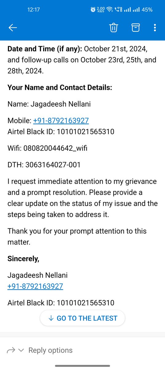 jagadeeshjaag's tweet photo. @airtelindia @reliancejio @JioCare #poorairtelservice #worstairtel #bycottairtel @ACTFibernet I have raised service request on 21st October till now no technician assigned, when I call customer care every day hearing same as issue will be resolved today or supervisor will call me https://t.co/K3Qx2SHJHz