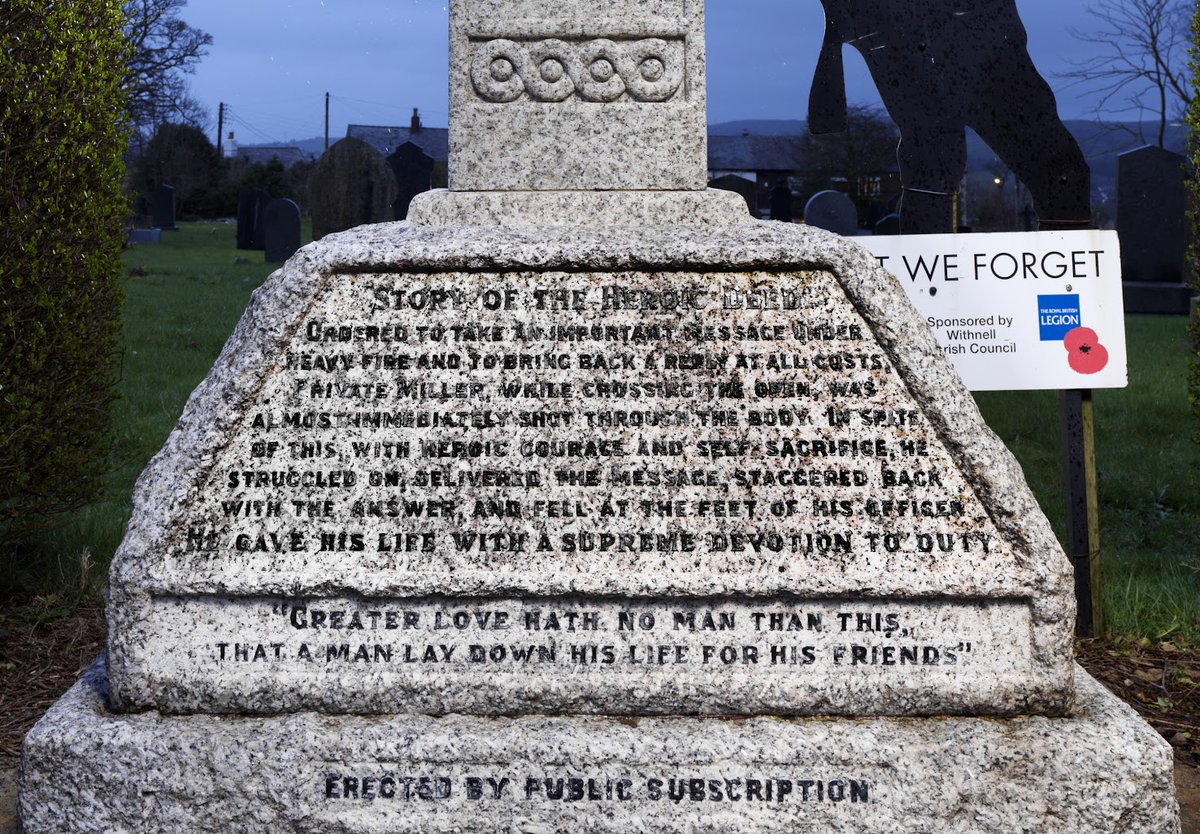 A First World War memorial in Withnell, Lancashire, has been listed at Grade II.

Private James Miller of the King’s Own Royal Lancaster Regiment was awarded the Victoria Cross for delivering a vital message whilst mortally wounded at the Battle of the Somme. 🎖️