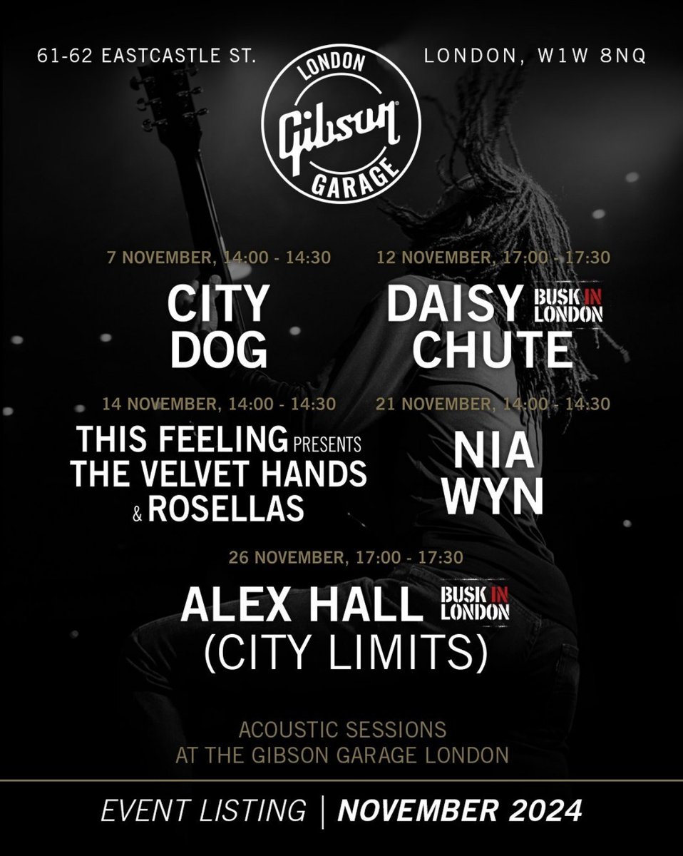 We have wonderful Busk In London artists performing in #GibsonGarageLondon in Nov! 🎸

12th Nov <a href="/daisychute/">Daisy Chute</a> 
26th Nov @alexhallmusic 

Events are free to attend, just pop down to the basement stage area in #GibsonGarageLondon ✨ @gibsonguitaruk 🙌

See you there! ❤️