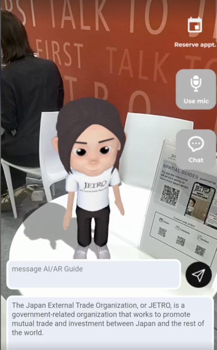palanjp's tweet photo. シンガポールで開催された「SWITCH 2024」内のジェトロブース内において、
palanAR (@palanar_webar ) を活用したAIガイド「Spatial Guides」を展示していただきました!
AIアバターと音声認識・チャットで会話しながら展示について知ることができるものです。
#SWITCH2024 @JETRO_info #palanAR https://t.co/VhsFPzxTID