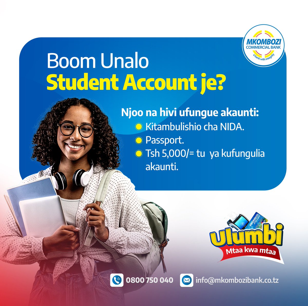MkomboziBankPlc's tweet photo. Kwa wanafunzi wote wanaotaka kuanza kujiwekea akiba mapema, Student Account ndio chaguo bora!
 
Akaunti hii ya akiba imebuniwa mahsusi kwa mahitaji yako ya kifedha, ikikupa njia rahisi ya kuweka na kudhibiti fedha zako wakati ukiwa chuoni.
 
#mkombozibank
#StudentAccount https://t.co/OtW9g6FY7N
