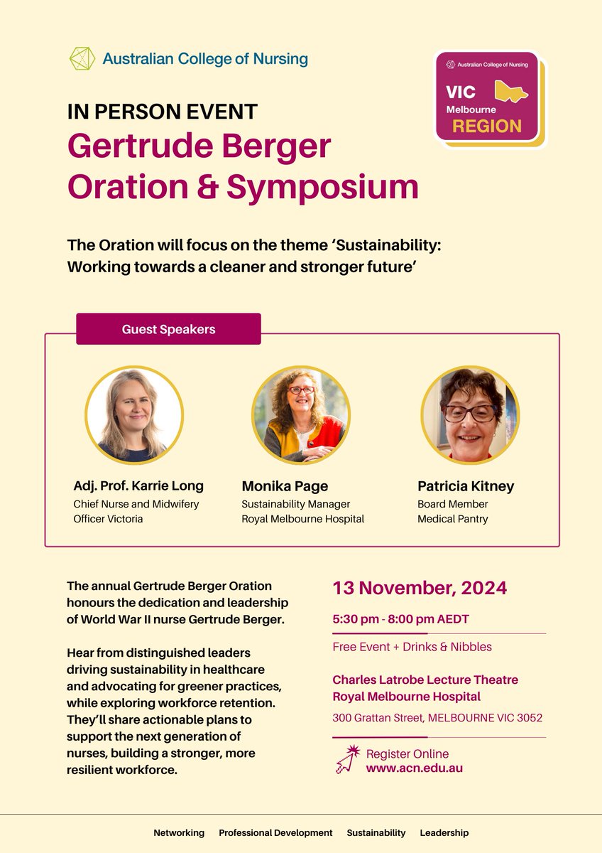 EmilyZhangRN's tweet photo. 🌿 Join the @acn_nursing Melbourne Region next week for the annual Gertrude Berger Oration &amp; Symposium. Hear from inspiring #healthcare leaders on "Sustainability: Working Towards a Cleaner and Stronger Future". Don’t miss out! Register here: https://t.co/A4TGoFee9K https://t.co/LkvfUT2Q9w