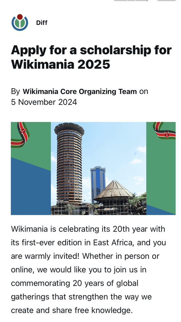 Dear Fellow Wikimedians,

Road to Kenya: Application for scholarship is not open until 8th December, 2024.

Apply for scholarship: wikimania.wikimedia.org/wiki/2025:Scho…