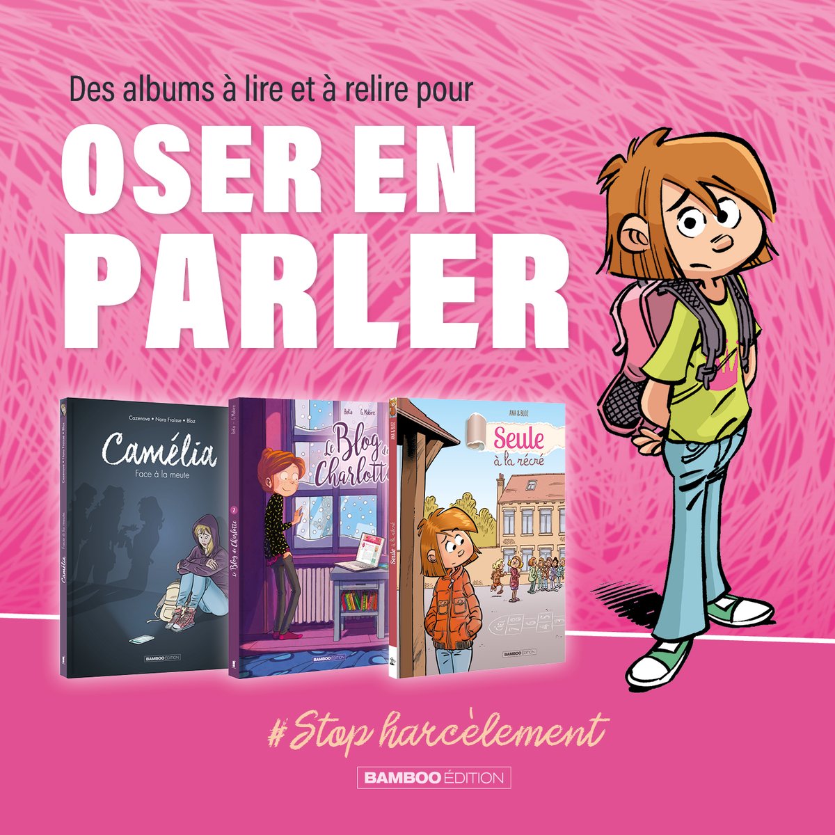 🧵 Aujourd'hui, c'est la journée nationale de lutte contre le harcèlement scolaire ✊
Un sujet encore trop tabou dont nous constatons chaque année les terribles conséquences... 
En tant qu'éditeur de bd jeunesse, nous avons souhaité apporter notre pierre à l'édifice... ⤵️1/3