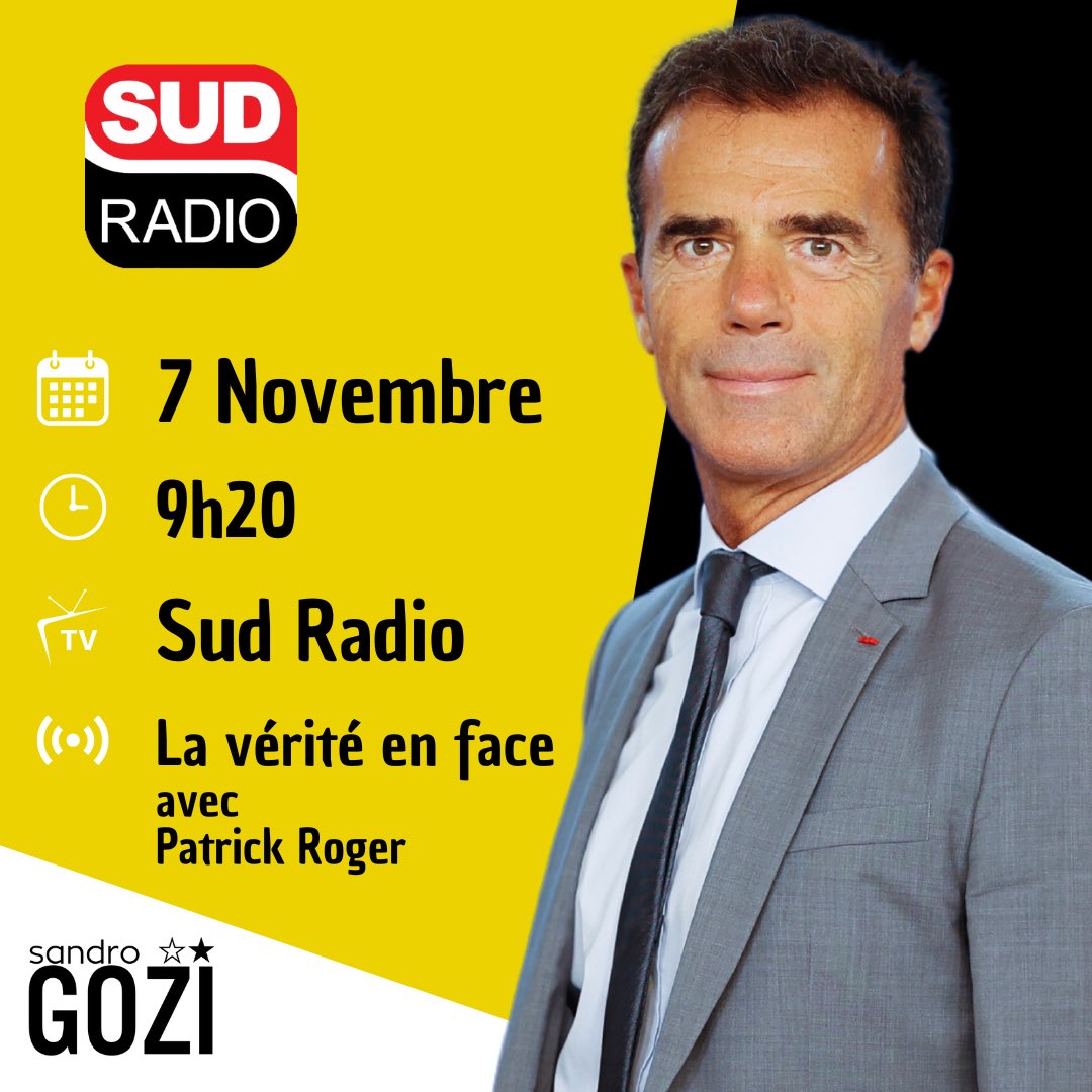 sandrogozi's tweet image. Aujourd’hui, je serai l’invité de l’émission La vérité en face sur @SudRadio à 9h20 avec @PatrickRogerE.
Nous parlerons de la victoire de Trump et de ses conséquences en Europe.
Restez à l’écoute !

#sudradio #émission #us #élection #trump