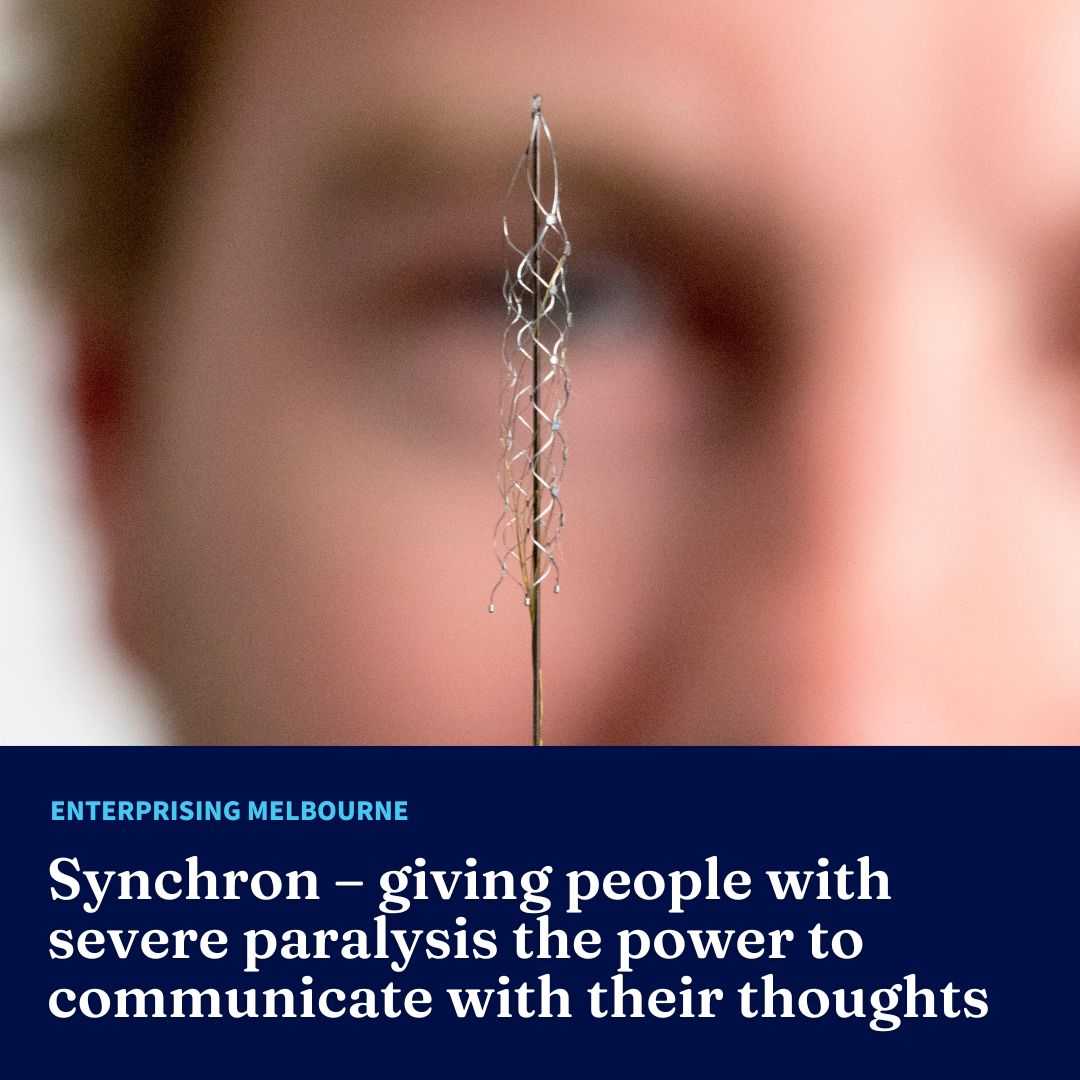 Faculty of Engineering and Information Technology (@feitunimelb) on Twitter photo For over a decade, @SynchronInc has been perfecting a stent-like brain implant to give people with paralysis the means to be understood using their thoughts alone.
Read about the life-changing start-up, a collab between FEIT & <a href="/UniMelbMDHS/">UniMelb MDHS</a> → unimelb.me/3AHwVVn For over a decade, @SynchronInc has been perfecting a stent-like brain implant to give people with paralysis the means to be understood using their thoughts alone.
Read about the life-changing start-up, a collab between FEIT & <a href="/UniMelbMDHS/">UniMelb MDHS</a> → unimelb.me/3AHwVVn