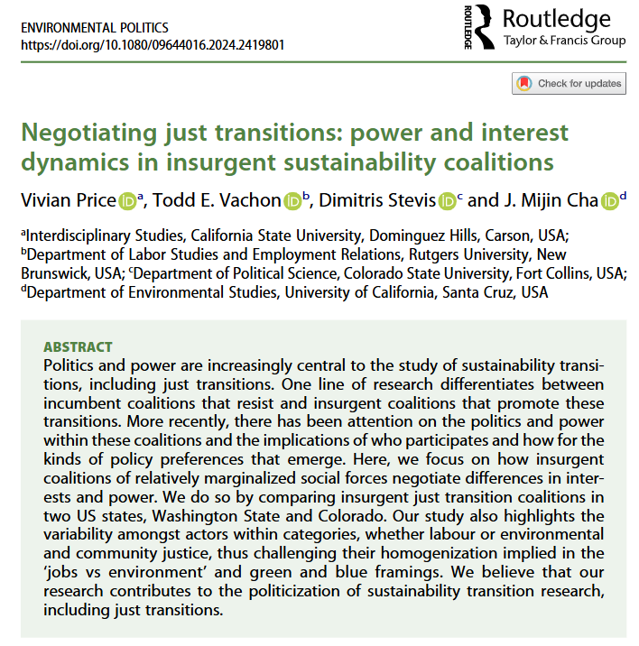 Env_Pol's tweet photo. New article from Vivian Price, Todd E. Vachon, Dimitris Stevis &amp; J. Mijin Cha: 

Negotiating just transitions: power and interest dynamics in insurgent sustainability coalitions

@hilda77 @DimitrisStevis @jmijincha 
https://t.co/NPJy4TIXuG https://t.co/4vItpcOsg2