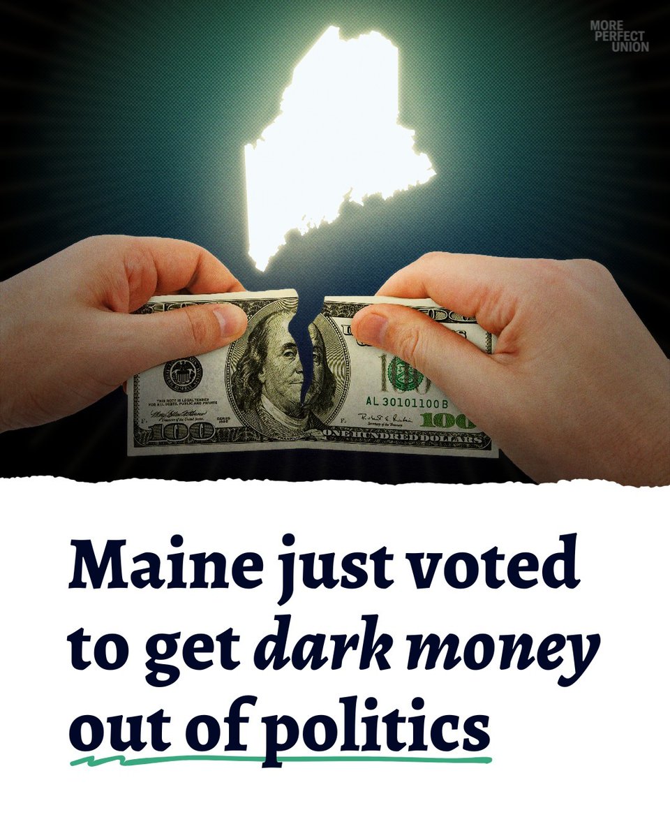 MoveToAmend's tweet image. Maine voters just passed a ballot initiative to cap contributions to super PACs at $5000. It was extremely popular — 74% voted in favor. The initiative fights back against #CitizensUnited and can set a nationwide precedent to get #DarkMoney out of politics.