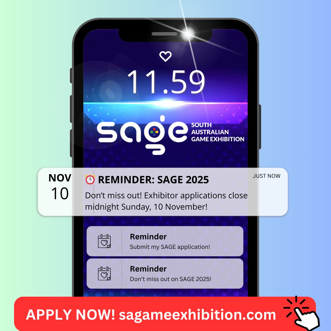 ⏰ THREE DAYS TO GO! Exhibitor applications for SAGE: SA Game Exhibition close midnight this Sunday 10 November. Find out more about what's on offer and how to apply at safilm.com.au/latest-news/ap…