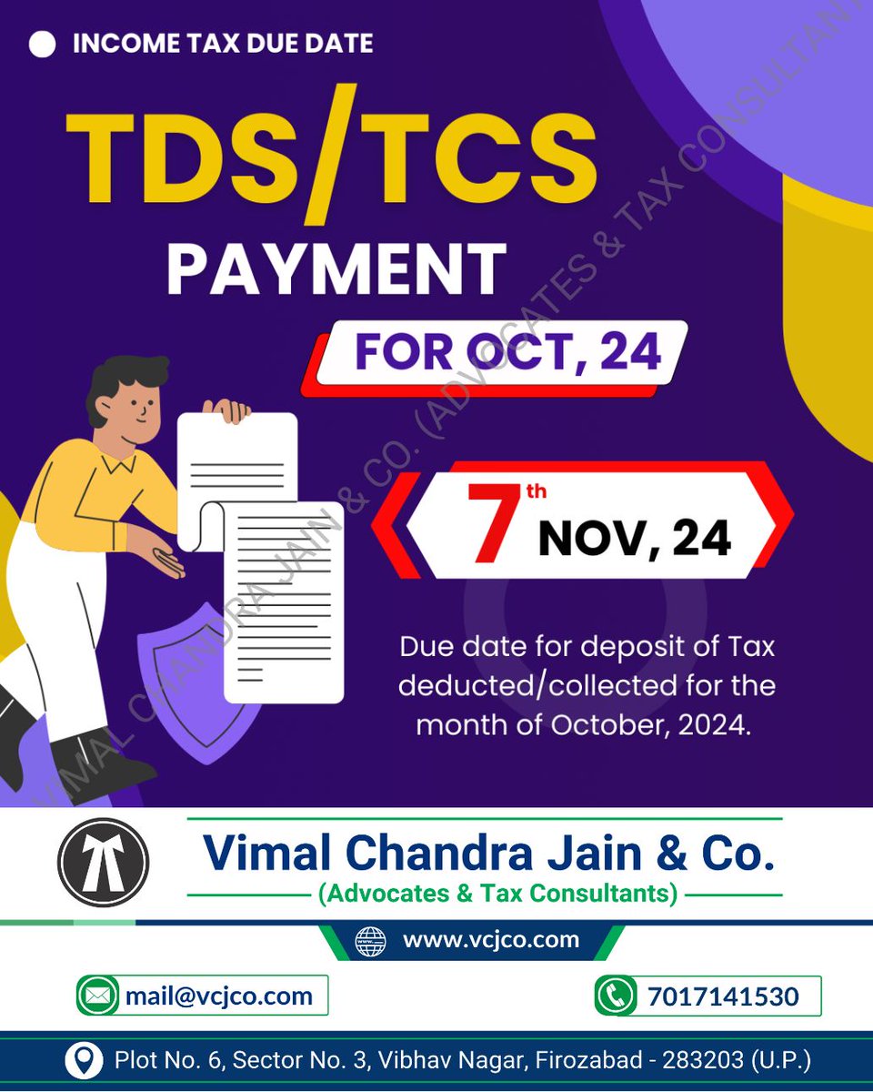 vcj_co's tweet image. TDS/TCS Payment #TDSPayment
#TCSPayment
#TaxDeductionAtSource
#TaxCollectionAtSource
#TDSCompliance
#TCSCompliance
#TDSFiling
#TCSPaymentDue
#TaxPayments
#TDSandTCS
#vcjco #firozabad #agra #shikohabad #itr #refund #gst #gstr #tax #taxation #gstin #incometax #law #legal #lawfirm