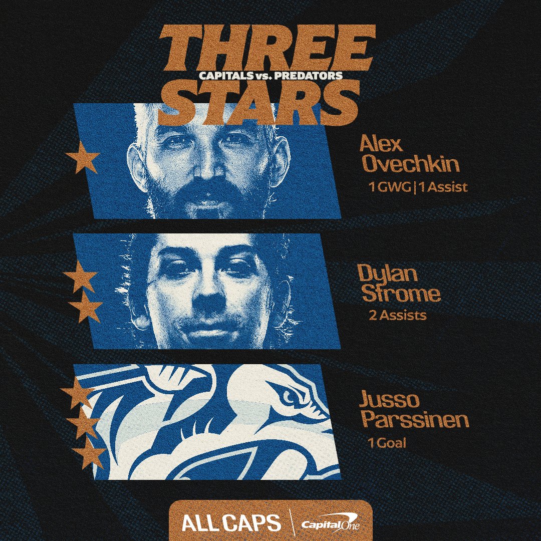 Capitals's tweet image. #CapsPreds 3 ⭐️’s of the game

⭐️: Alex Ovechkin
⭐️⭐️: Dylan Strome
⭐️⭐️⭐️: NSH - Parssinen

#ALLCAPS
