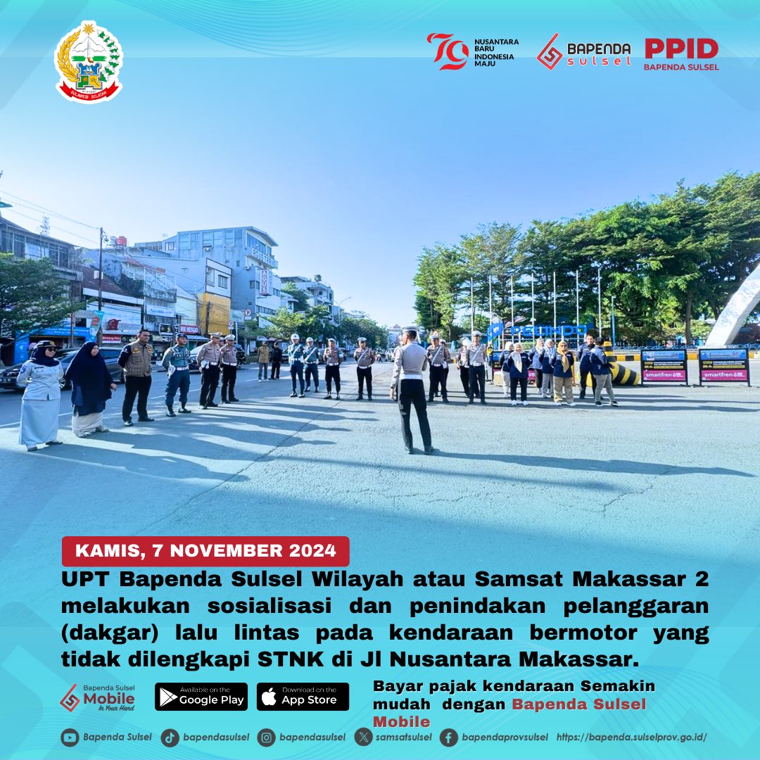 UPT Bapenda Sulsel Wilayah atau Samsat Makassar 2 melakukan sosialisasi dan penindakan pelanggaran (dakgar) lalu lintas pada kendaraan bermotor yang tidak dilengkapi STNK di Jl Nusantara Makassar.
