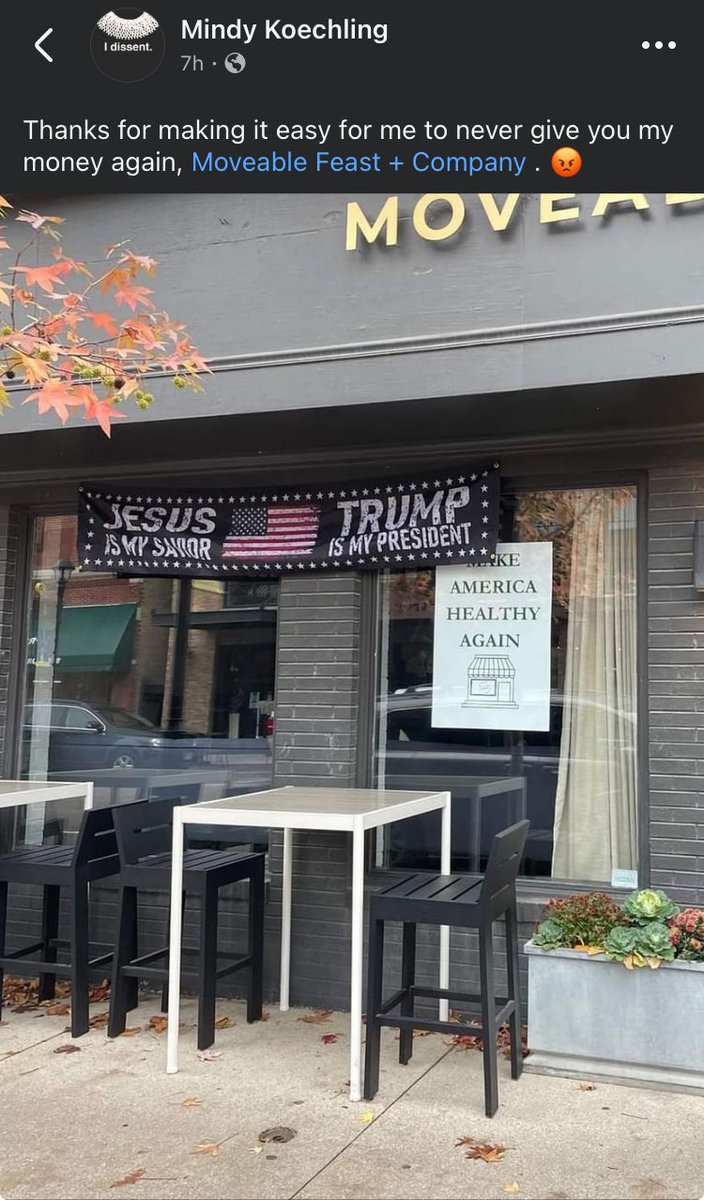 JohnLBria's tweet image. The people who say “Hate has no home here” and “Wheaton is for everyone” apparently hate that conservative businesses have a home in Wheaton.

Salty about Trump’s victory, a gaggle of AWFLS bullied the restaurant into removing the Trump signs and insta post. Check it below: 🧵