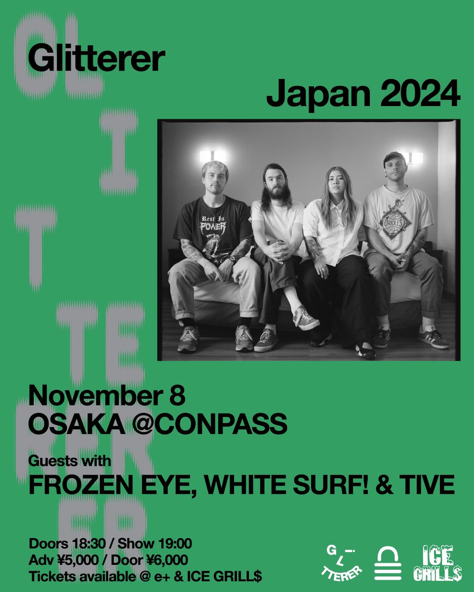 【出演者変更のお知らせ】

明日のGlittererツアー大阪に出演予定だった <a href="/Fireplaybandjpn/">Fireplay</a> はメンバーの体調不良により出演キャンセルとなりました。

代わりに急遽FROZEN EYEの出演が決定しました！

e+は本日18時まで
eplus.jp/sf/detail/4183…

会場引換チケットも受付中！
icegrillsnerds.com/?pid=182150528