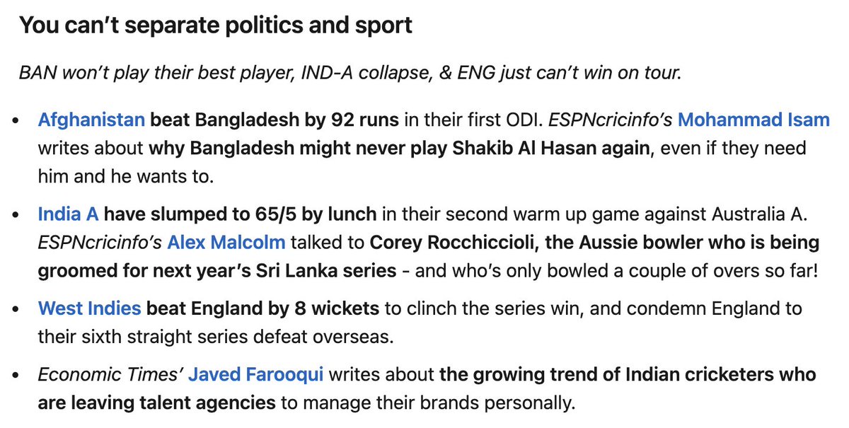 The Best of Cricket (@bestcricstories) on Twitter photo TOP #CRICKET NEWS OF THE DAY:
<a href="/Isam84/">Mohammad Isam</a> on Shakib & BAN's schism, <a href="/Alex_Malcolm/">Alex Malcolm</a> on AUS' upcoming bowler, WI beat ENG, & <a href="/journojaved/">Javed Farooqui</a> on changes in the IND cricketer's branding choices.
All stories at bestofcricket.substack.com/p/when-a-west-… TOP #CRICKET NEWS OF THE DAY:
<a href="/Isam84/">Mohammad Isam</a> on Shakib & BAN's schism, <a href="/Alex_Malcolm/">Alex Malcolm</a> on AUS' upcoming bowler, WI beat ENG, & <a href="/journojaved/">Javed Farooqui</a> on changes in the IND cricketer's branding choices.
All stories at bestofcricket.substack.com/p/when-a-west-…